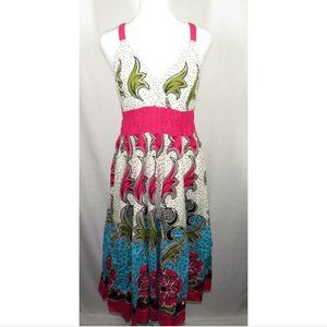 Indian Tropical Fashion Women's Size M/L Multi Color Floral V Neck Smocked Dress